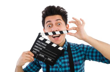 Elinde film klasörü olan adam beyaza izole edilmiş.