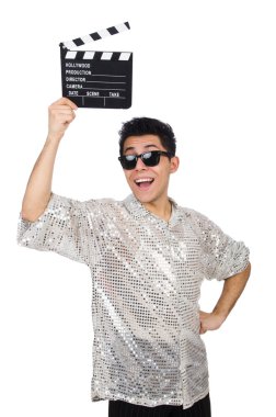 Elinde film klasörü olan adam beyaza izole edilmiş.