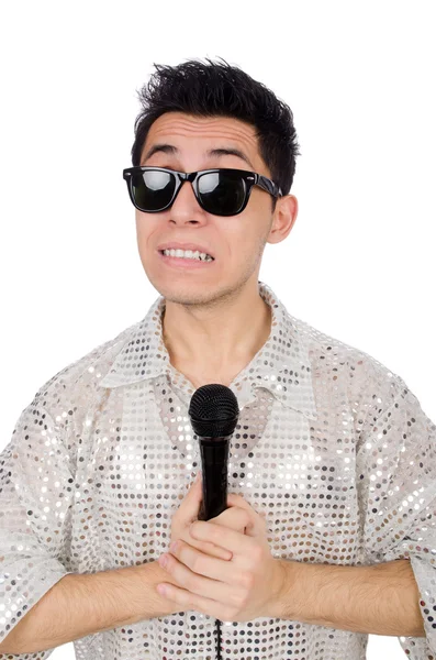 Uomo con microfono isolato su bianco — Foto Stock