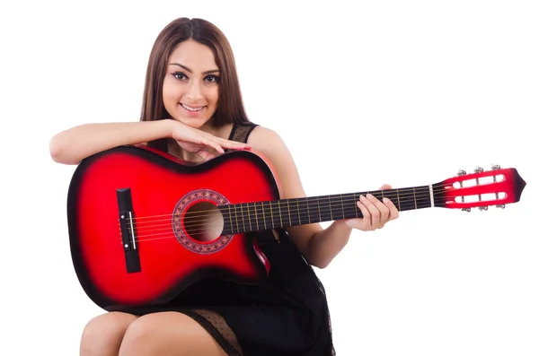 Mujer guitarrista aislado en el blanco —  Fotos de Stock