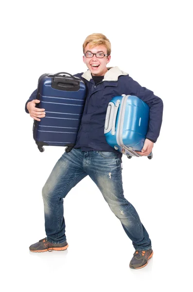Αστείος άνθρωπος με αποσκευές σε λευκό — Φωτογραφία Αρχείου