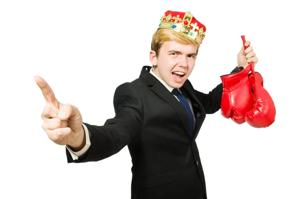 Забавный бизнесмен в коронных и боксерских перчатках — стоковое фото