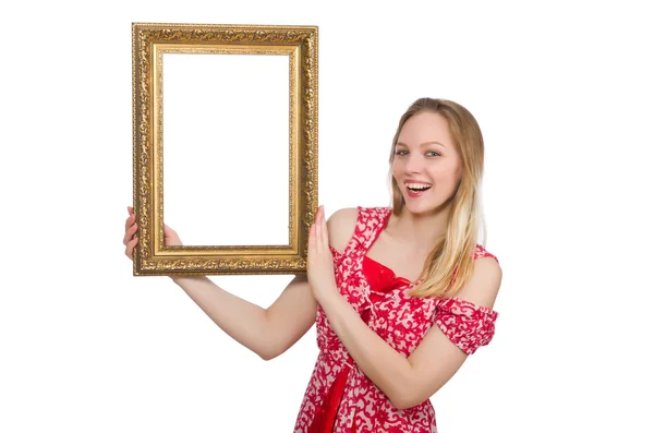 Mulher segurando quadro de imagem isolado no branco — Fotografia de Stock