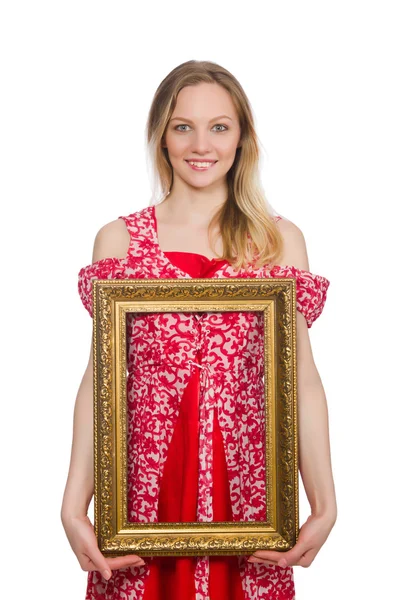 Woman holding picture frame isolated on white — Stock Photo, Image