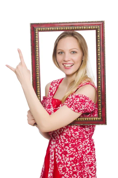 Woman holding picture frame isolated on white — Stock Photo, Image