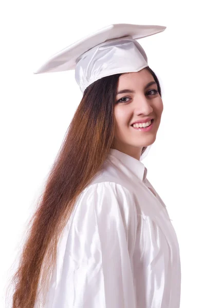 Chica graduada con diploma aislado en blanco — Foto de Stock
