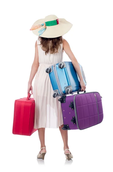 Femme voyageur avec valise isolée sur blanc — Photo