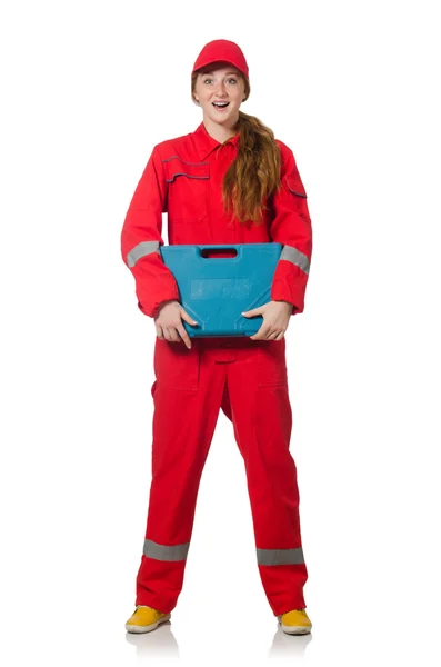 Woman construction worker in red coveralls on white — Stock Photo, Image