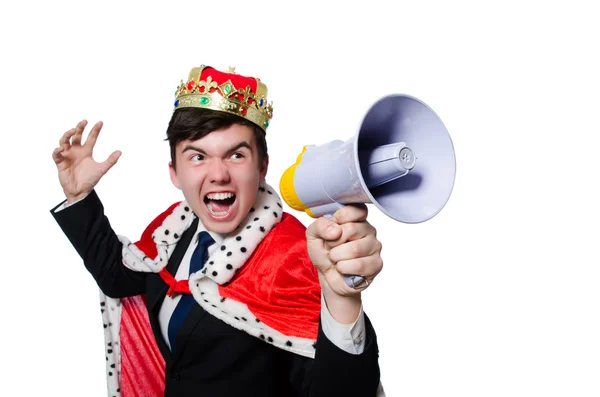 Homme avec couronne et mégaphone isolé sur blanc — Photo