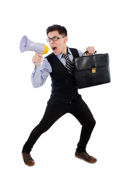 Young businessman with loudspeaker on white — Stock Photo, Image