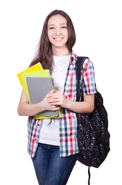 Giovane studente con libri isolati sul bianco — Foto Stock