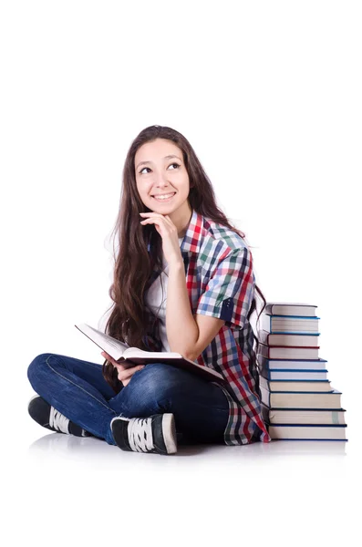 Jovem estudante com livros isolados sobre o branco — Fotografia de Stock