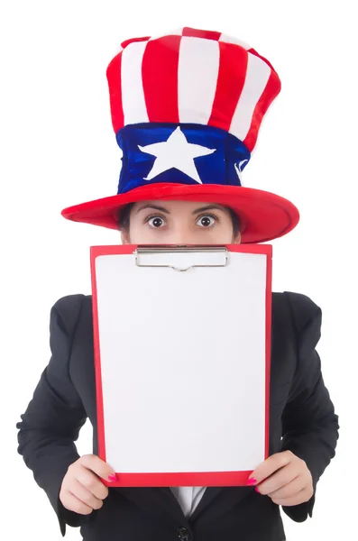 Nő amerikai kalapban üres lappal fehér — Stock Fotó