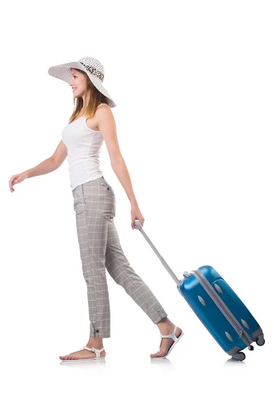 Woman traveller with suitcase isolated on white — Stock Photo, Image