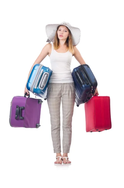 Női utazó bőrönddel elszigetelt fehér — Stock Fotó