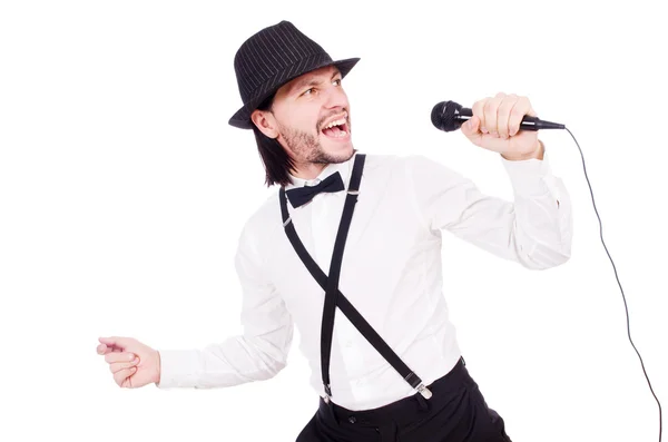 Homem engraçado cantando isolado no branco — Fotografia de Stock