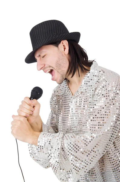 Hombre con micrófono aislado en blanco — Foto de Stock