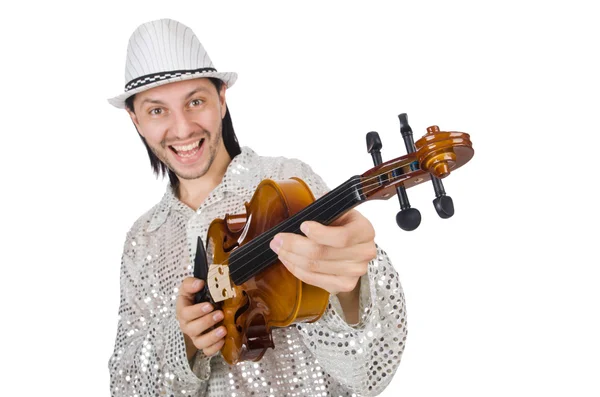 Uomo divertente con violino su bianco — Foto Stock