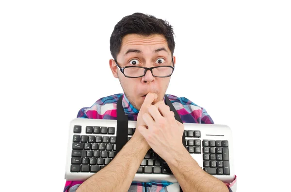 Computer nerd met toetsenbord geïsoleerd op wit — Stockfoto