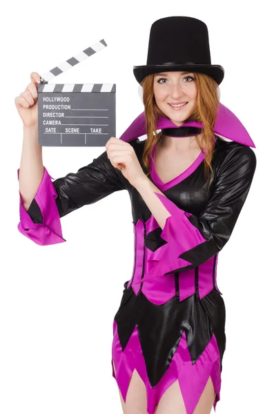 Vrouw met film board op wit — Stockfoto