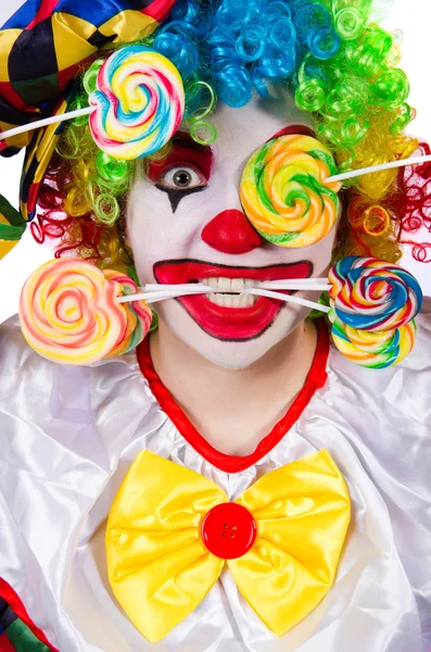 Clown met lolly geïsoleerd op wit — Stockfoto