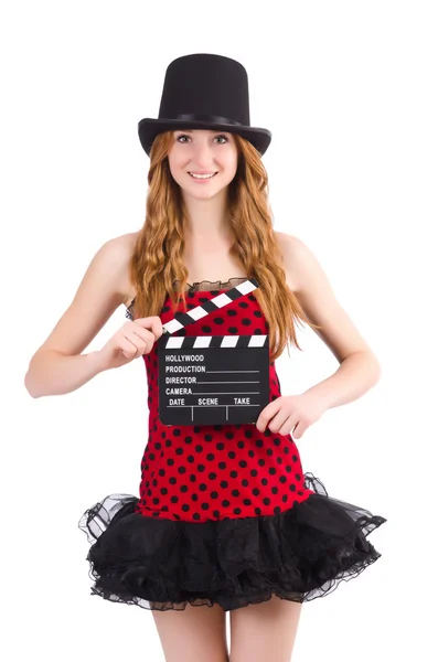 Menina bonita em vermelho polka dot vestido com placa de filme isolado em — Fotografia de Stock