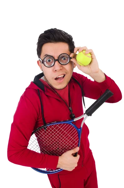 Jugador de tenis divertido aislado en blanco —  Fotos de Stock