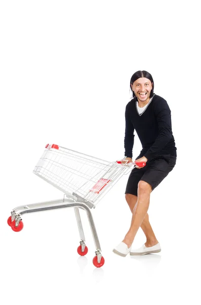 Uomo shopping con carrello supermercato isolato su bianco — Foto Stock