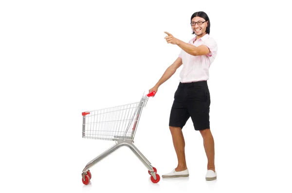 Homem de compras com carrinho de cesta de supermercado isolado em branco — Fotografia de Stock