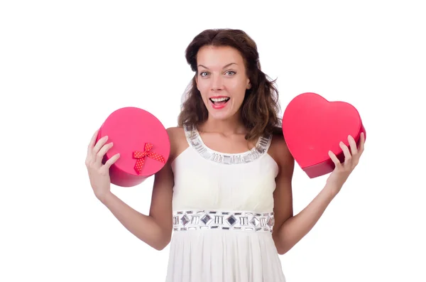 Vrouw met geschenkdoos geïsoleerd op wit — Stockfoto