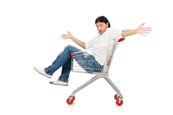 Homme shopping avec panier de supermarché panier isolé sur blanc — Photo