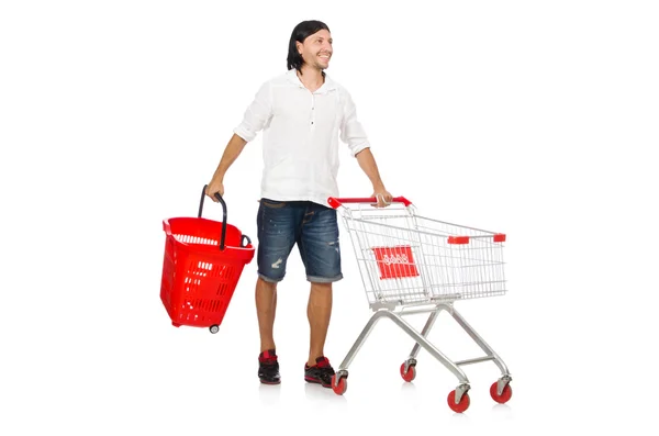 Hombre de compras con carrito cesta de supermercado aislado en blanco — Foto de Stock