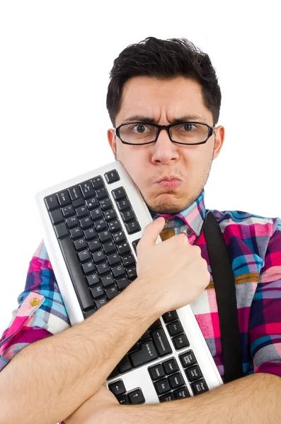 Computer nerd with keyboard isolated on white Royalty Free Stock Images