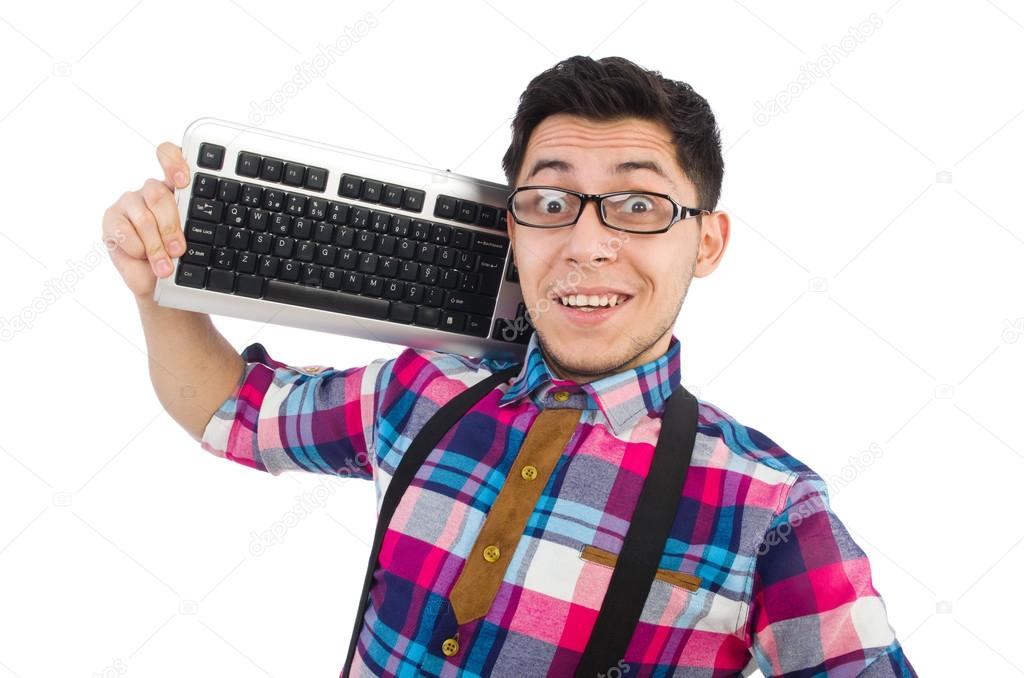 Computer nerd with keyboard isolated on white