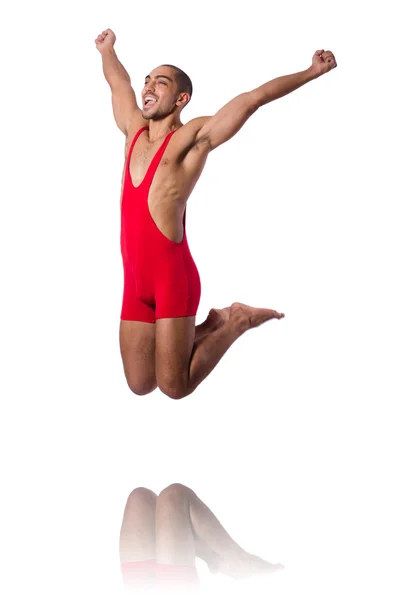 Güreşçi üzerinde beyaz izole Kırmızı elbiseli — Stok fotoğraf