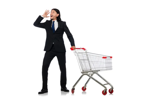 Homme shopping avec panier de supermarché panier isolé sur blanc — Photo