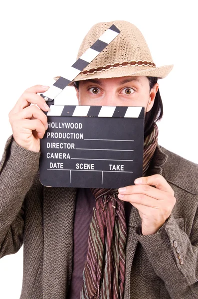 Man med film clapperboard och hatt — Stockfoto