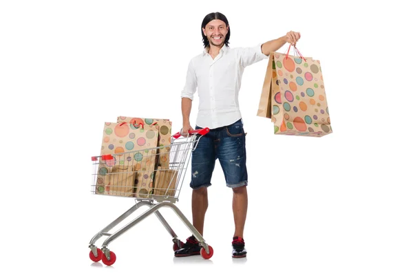 Homem de compras com carrinho de cesta de supermercado isolado em branco — Fotografia de Stock