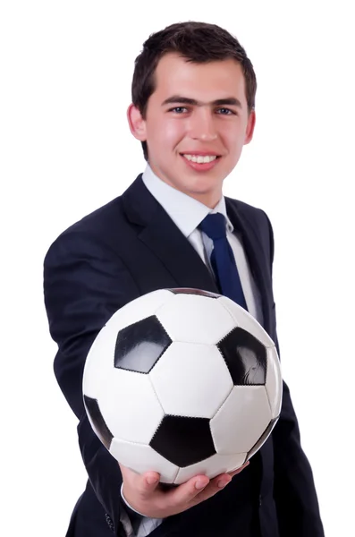 Lustiger Mann mit Fußball auf Weiß — Stockfoto