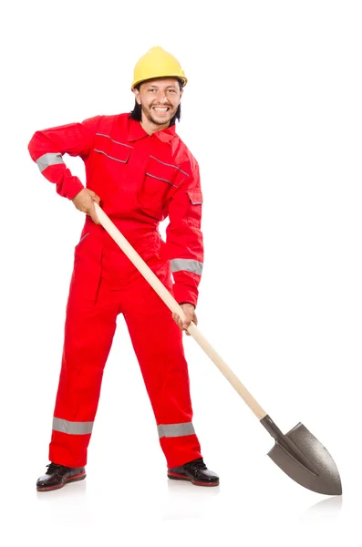 Homem de macacão vermelho com pá — Fotografia de Stock