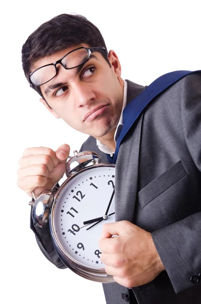 Uomo con orologio paura di perdere la scadenza isolato su bianco — Foto Stock