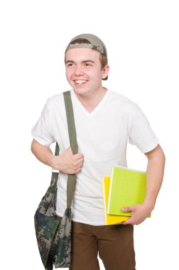 Beyaz arka planda izole genç öğrenci