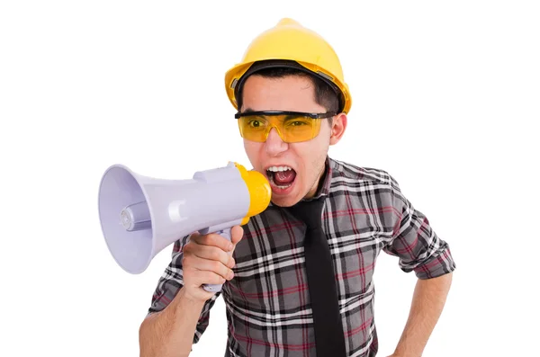 Construction supervisor shouting at megaphone — Stock Photo, Image