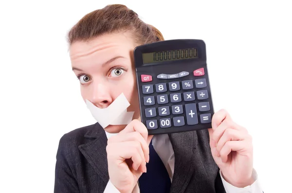 Mujer con calculadora en concepto de fraude aislado en blanco — Foto de Stock