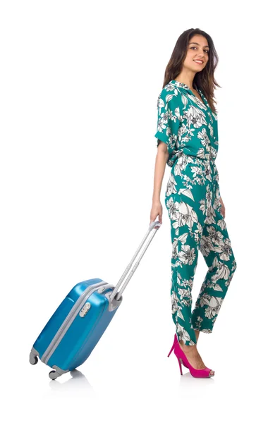 Vrouw met koffer klaar voor vakantie — Stockfoto