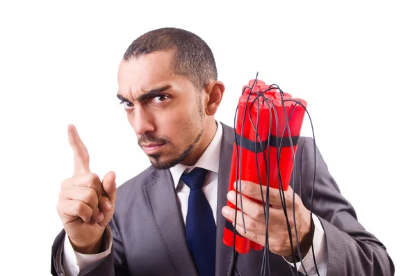 Man with dynamite stick isolated on white — Stock Photo, Image