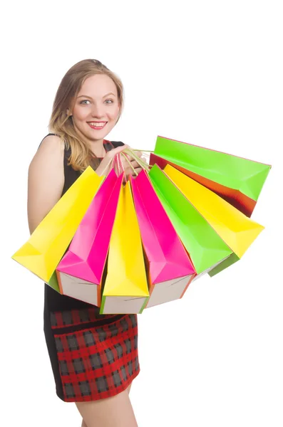 Mujer después de compras juerga en blanco — Foto de Stock
