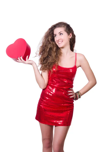 Woman in red dress with christmas gifts — Stock Photo, Image