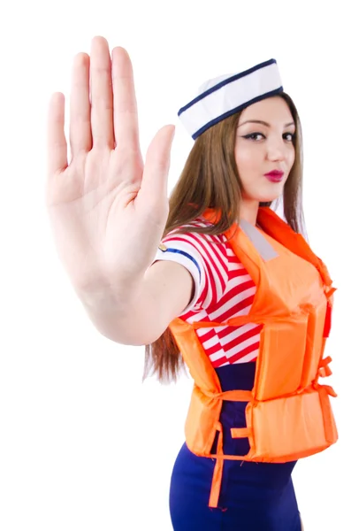 Woman with orange vest isolated on white — Stock Photo, Image