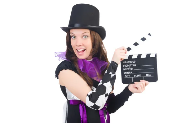Woman with movie board on white — Stock Photo, Image